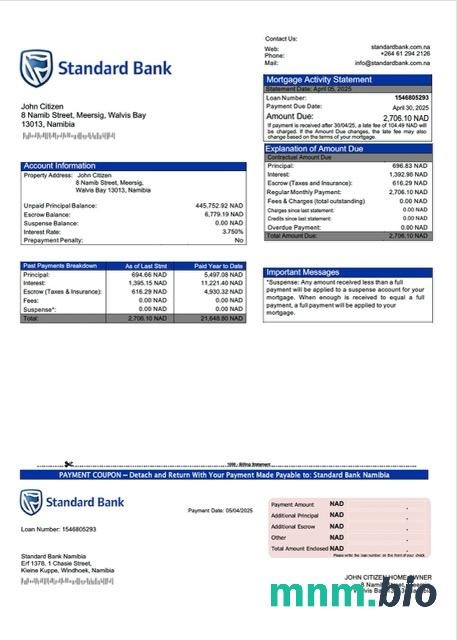 Namibia Standard Bank Namibia wyciąg z kredytu hipotecznego szablon Word i PDF
